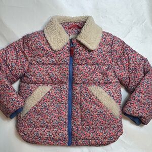 Mini Boden Pink Floral Puffer fleeced Jacket with Cream Details
